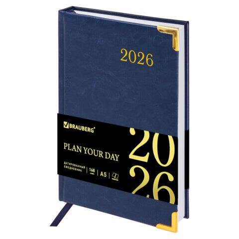 Ежедневник датированный 2026, А5, 138x213 мм, BRAUBERG "Senator", под кожу, синий