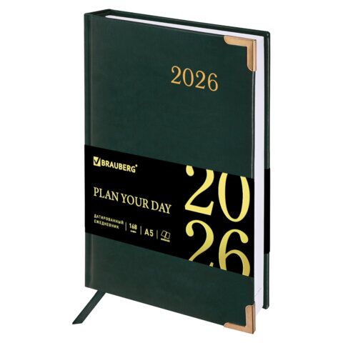 Ежедневник датированный 2026 А5 138x213мм BRAUBERG Senator, под кожу, зеленый
