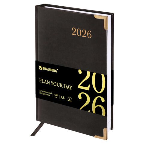 Ежедневник датированный 2026, А5, 138x213 мм, BRAUBERG "Senator", под кожу, черный