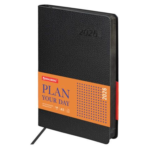 Ежедневник датированный 2026 А5 138x213 мм, BRAUBERG "Stylish", под кожу, гибкий, черный