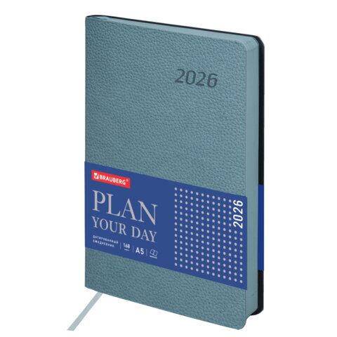 Ежедневник датированный 2026 А5 138x213 мм, BRAUBERG "Stylish", под кожу, гибкий, серо-голубой