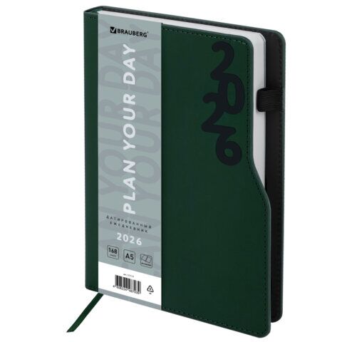 Ежедневник датированный 2026, А5, 150x213 мм, BRAUBERG "Up", под кожу, софт-тач, держатель для ручки, зеленый