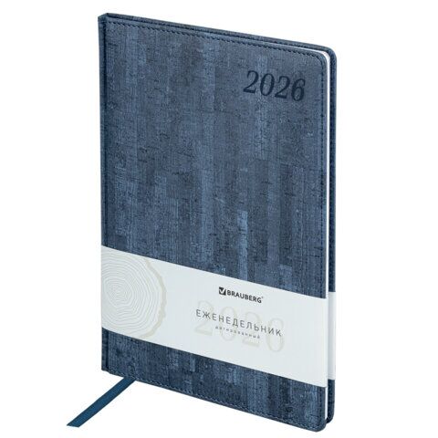 Еженедельник датированный 2026 БОЛЬШОЙ ФОРМАТ 210х297 мм, А4 BRAUBERG "Wood", под кожу, синий