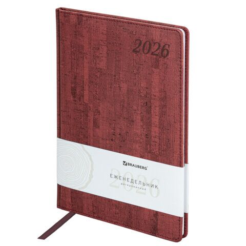 Еженедельник датированный 2026 БОЛЬШОЙ ФОРМАТ 210х297 мм, А4 BRAUBERG "Wood", под кожу, бордо
