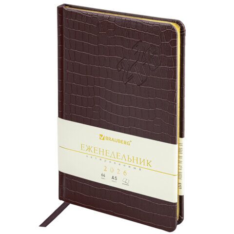 Еженедельник датированный 2026 А5 145х215 мм, BRAUBERG "Comodo", под кожу, темно-коричневый