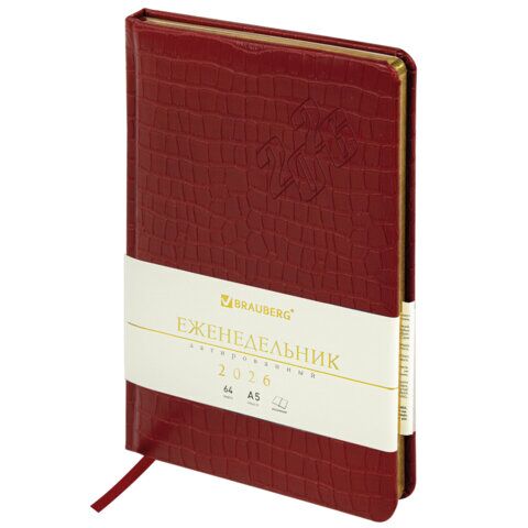 Еженедельник датированный 2026 А5 145х215 мм, BRAUBERG "Comodo", под кожу, красный