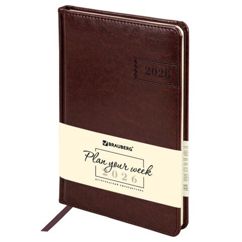 Еженедельник датированный 2026, А5, 145х215 мм, BRAUBERG "Imperial", под кожу, коричневый