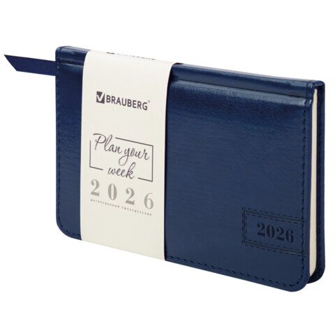 Еженедельник датированный 2026, МАЛЫЙ ФОРМАТ 95х155 мм, А6, BRAUBERG "Imperial", под кожу, синий