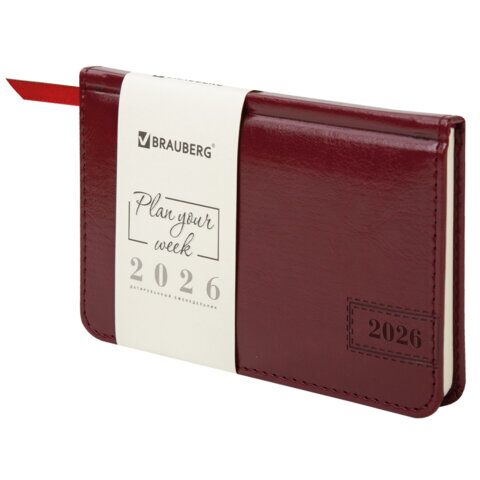 Еженедельник датированный 2026, МАЛЫЙ ФОРМАТ 95х155 мм, А6, BRAUBERG "Imperial", под кожу, бордо