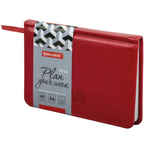 Еженедельник датированный 2026, МАЛЫЙ ФОРМАТ 95х155 мм, А6, BRAUBERG "Rainbow", под кожу, красный