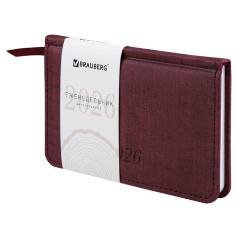 Еженедельник датированный 2026 МАЛЫЙ ФОРМАТ 95х155 мм, А6, BRAUBERG "Wood", под кожу, бордо