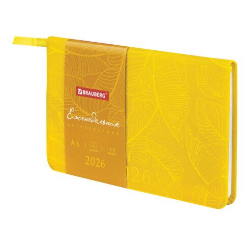 Еженедельник датированный 2026 МАЛЫЙ ФОРМАТ 95х155 мм, А6, BRAUBERG "Foliage", под кожу, желтый