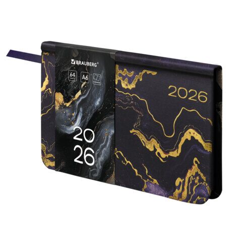 Еженедельник датированный 2026 МАЛЫЙ ФОРМАТ 95х155 мм, А6, BRAUBERG "Vista", под кожу "Black marble"