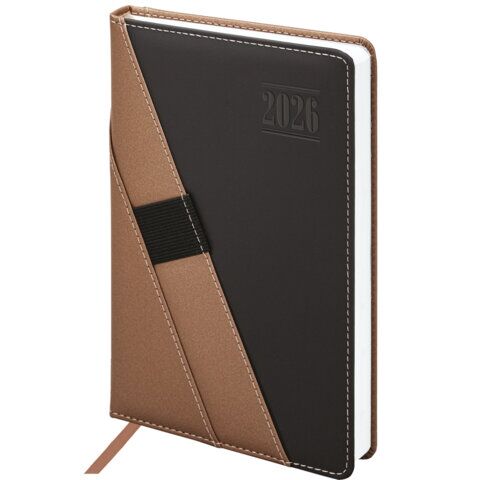 Ежедневник датированный 2026, А5, 138х213 мм, BRAUBERG "Swirl", под кожу, держатель для ручки, коричневый