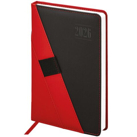 Ежедневник датированный 2026, А5, 138х213 мм, BRAUBERG "Swirl", под кожу, держатель для ручки, красный