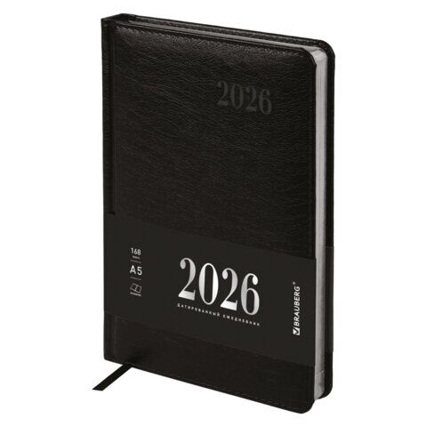 Ежедневник датированный 2026, А5, 138х213 мм, BRAUBERG "Impression", под кожу, черный