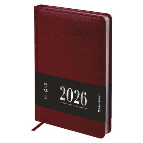 Ежедневник датированный 2026, А5, 138х213 мм, BRAUBERG "Impression", под кожу, бордовый