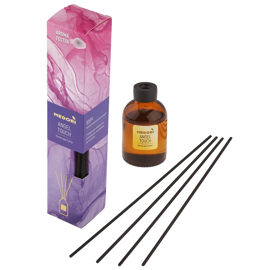Ароматический диффузор 50мл "Angel Touch" 4х4х21,5см, настольный, стекло, палочки из микрофибры, парфюм, с пробником аромата, в коробке, "Medori" (Россия)