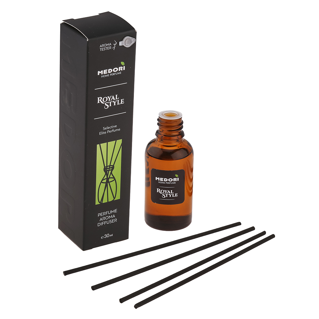 Ароматический диффузор 30мл "Royal style" 3,5х3,5х15см, настольный, стекло, палочки из микрофибры, парфюм, с пробником аромата, в коробке, "Medori" (Россия)