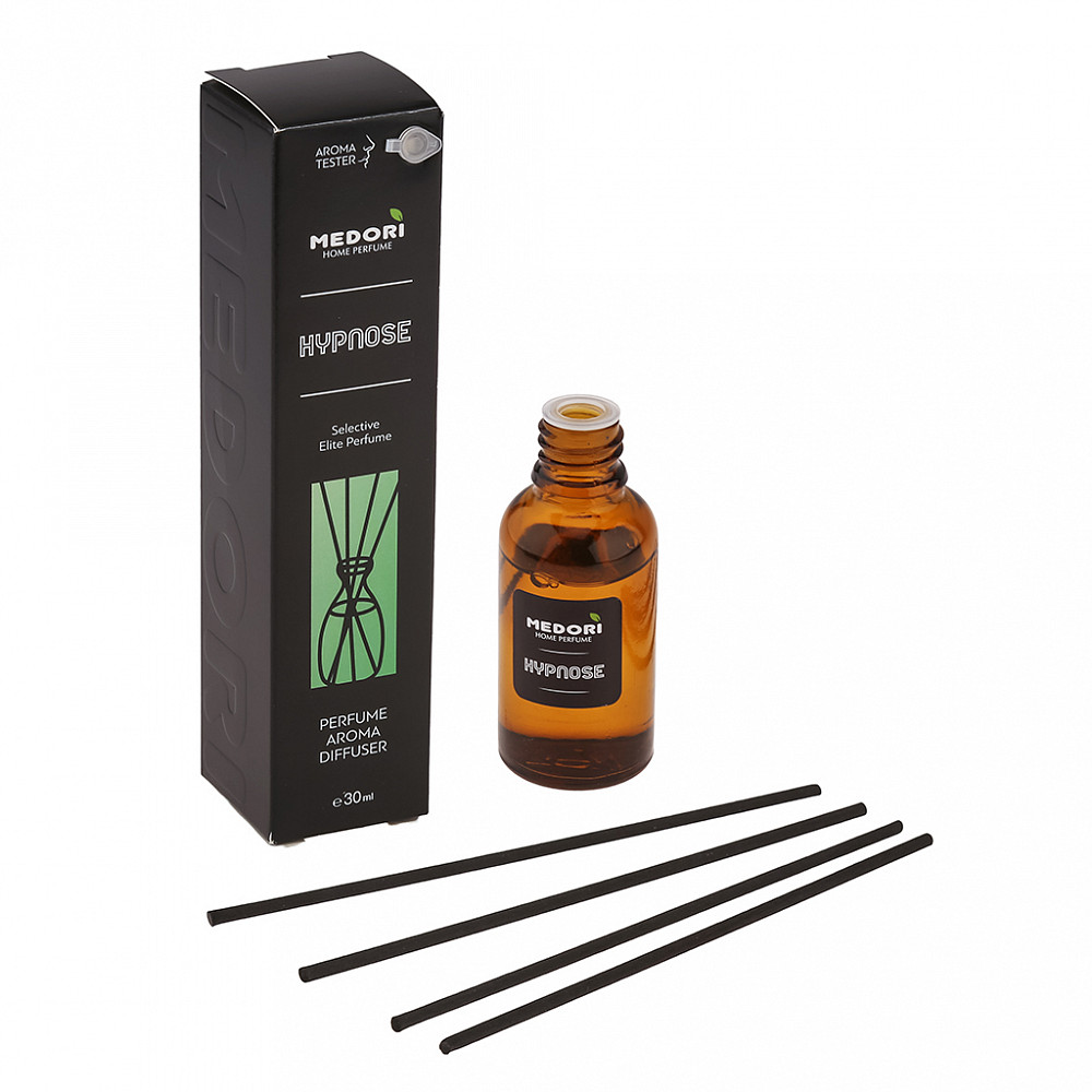 Ароматический диффузор 30мл "Hypnose" 3,5х3,5х15см, настольный, стекло, палочки из микрофибры, парфюм, с пробником аромата, в коробке, "Medori" (Россия)