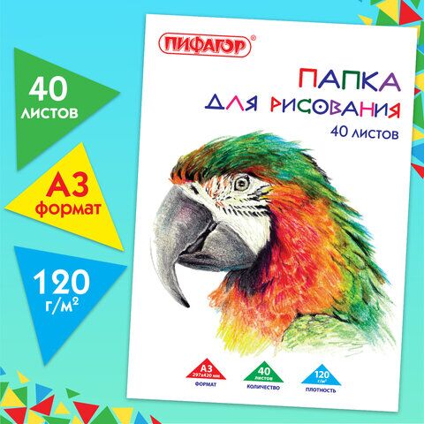 Папка для рисования БОЛЬШОГО ФОРМАТА А3, 40 л., 120 г/м2, ПИФАГОР, 297х420 мм, Попугай, 129219