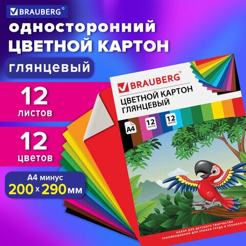 Картон цветной А4 МЕЛОВАННЫЙ (глянцевый), 12 листов 12 цветов, в папке, BRAUBERG, 200х290 мм, Килиманджаро, 129917