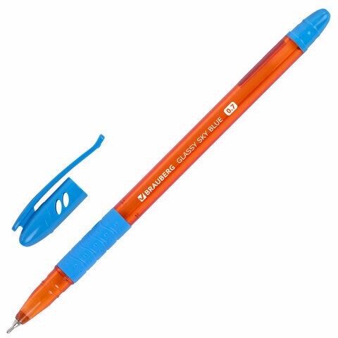 Ручка шариковая масляная с грипом BRAUBERG GLASSY SKY BLUE, СВЕТЛО-СИНЯЯ, узел 0,7 мм, линия письма 0,35 мм