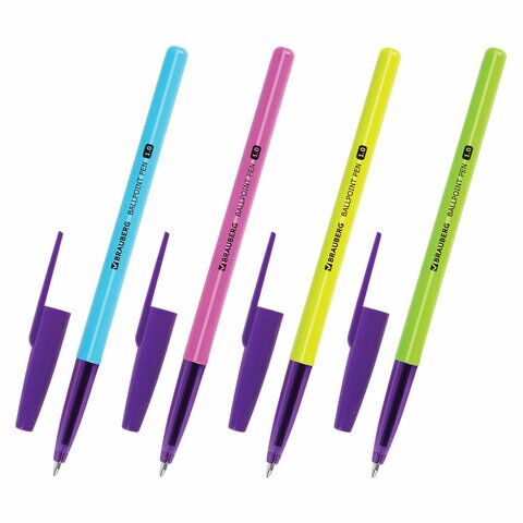 Ручка шарик. BRAUBERG "Офисная" NEON COLOR, СИНЯЯ, корпус ассорти, пишущий узел 1 мм, линия письма 0,5 мм, 144200