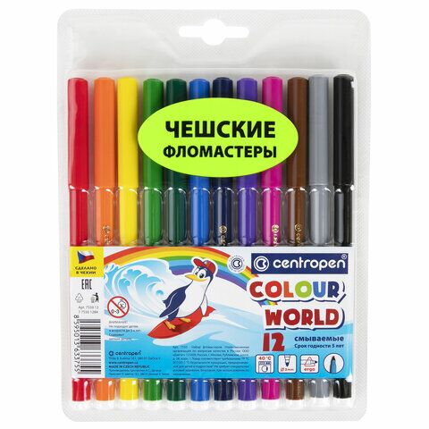 Фломастеры 12 ЦВЕТОВ CENTROPEN Colour World, круглые, смываемые, 7550/12TP, 7 7550 1284