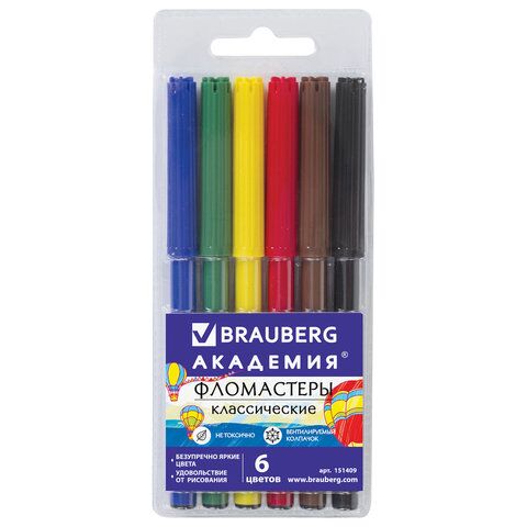 Фломастеры BRAUBERG АКАДЕМИЯ, 6 цветов, вентилируемый колпачок, ПВХ упаковка, 151409