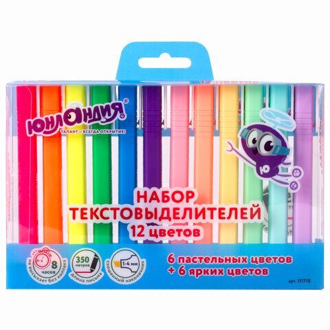 Набор текстовыделителей ЮНЛАНДИЯ 12 шт., АССОРТИ, COLORSTAR, линия 1-4 мм, 151718