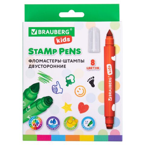 Фломастеры-штампы двусторонние FUNNY STAMPS, 8 цветов, BRAUBERG KIDS, картонная коробка с европодвесом, 152179