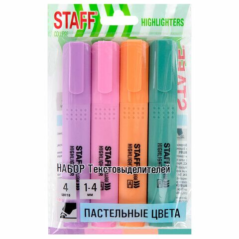 Текстовыделители 4цв паст STAFF College "STICK PASTEL", линия письма 1-4 мм, скошенный наконечник, 152531