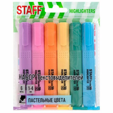 Текстовыделители 6цв паст STAFF College "STICK PASTEL", линия письма 1-4 мм, скошенный наконечник, 152532