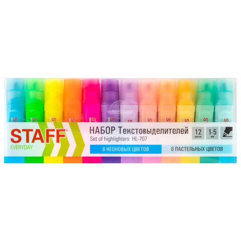 Текстовыделители 12цв STAFF EVERYDAY HL-707, 6 неоновых цветов + 6 пастельных цветов, линия 1-5 мм, скошен. наконечник, 152552