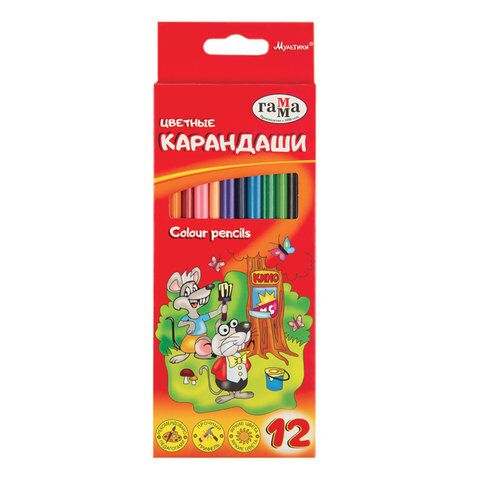 Карандаши цветные ГАММА Мультики, 12 цветов, заточенные, трехгранные, картонная упаковка, 05091807, 050918_07