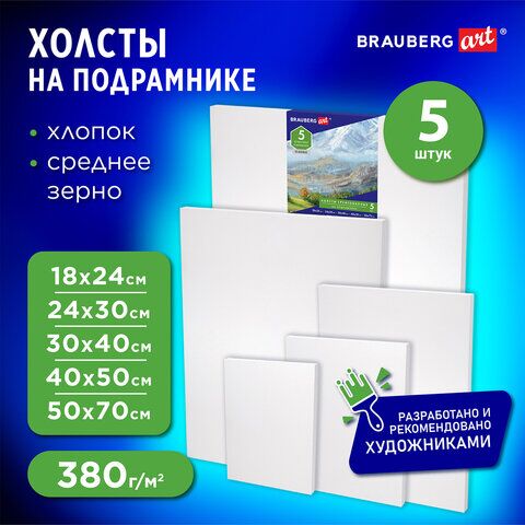 Холсты на подрамнике BRAUBERG ART CLASSIC, НАБОР 5шт, грунтованные, 100%хлопок, среднее зерно,190650