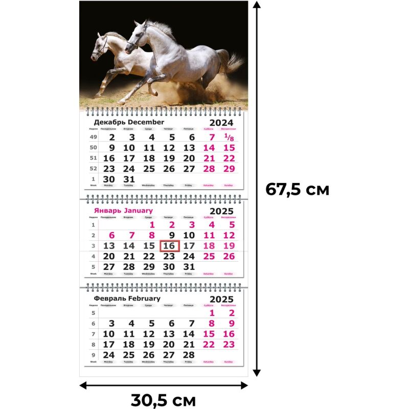 Календарь настенный 3-х блочный 2025, Лошади,305х675, 80г/м2