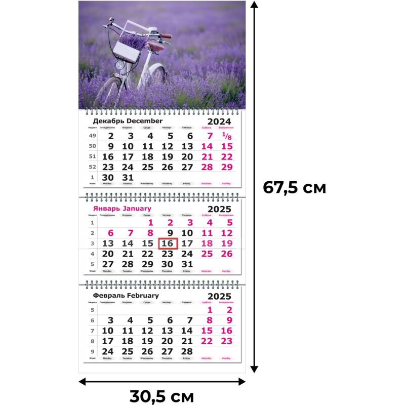Календарь настенный 3-х блочный 2025,Велосипед в поле,305х675,80г/м2