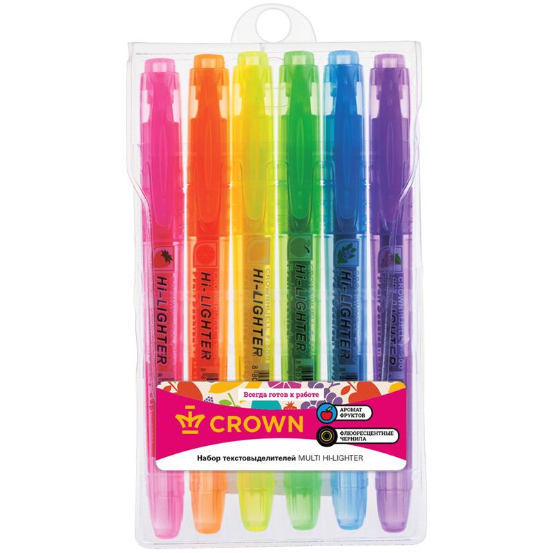 Набор текстовыделителей Crown Multi Hi-Lighter Aroma 6цв., 1-4мм, ароматиз., чехол с европодвесом