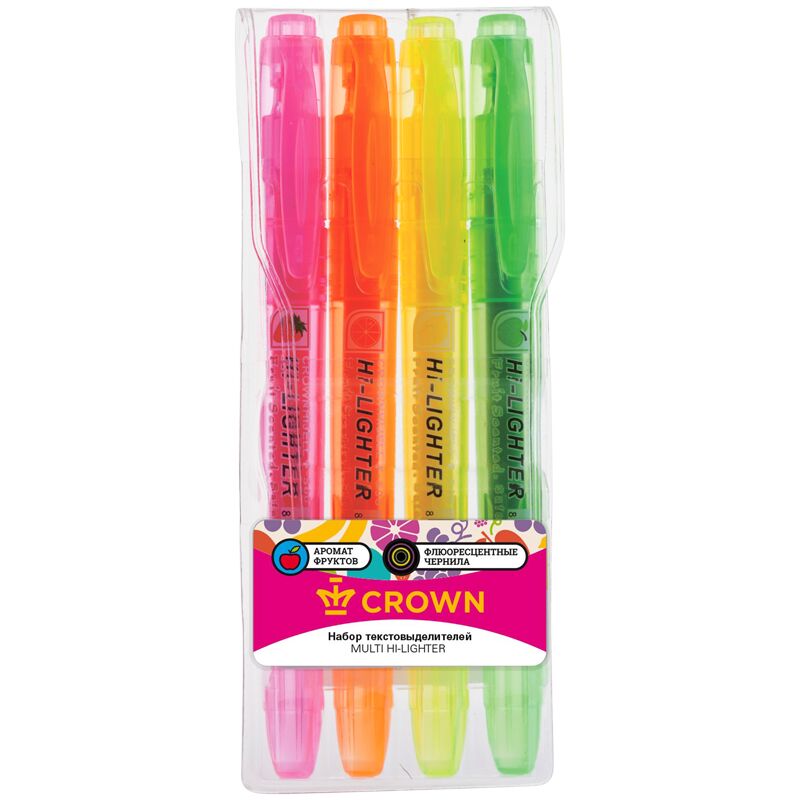 Набор текстовыделителей Crown Multi Hi-Lighter Aroma 04цв., 1-4мм, ароматиз., чехол с европодвесом