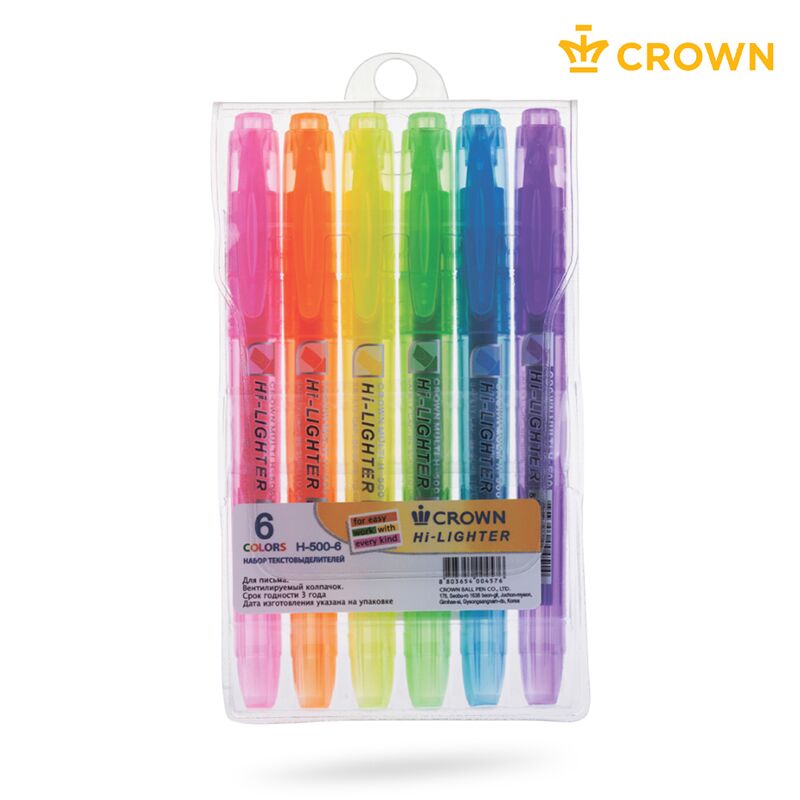 Набор текстовыделителей Crown Multi Hi-Lighter 6цв., 1-4мм, чехол с европодвесом