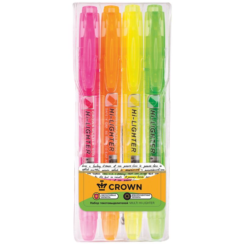 Набор текстовыделителей Crown Multi Hi-Lighter 4цв., 1-4мм, чехол с европодвесом