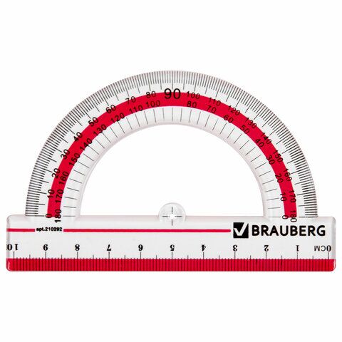 Транспортир 10 см, 180 градусов, пластиковый, BRAUBERG Crystal, прозрачный, с выделенной шкалой, подвес, 210292