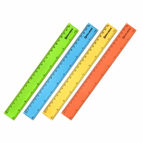 Линейка 25см пласт BRAUBERG, прозрачная, неоновая, ассорти, 210835