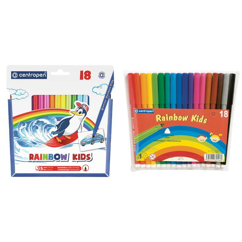 Фломастеры Centropen Rainbow Kids, 18цв., трехгранные, смываемые, ПВХ