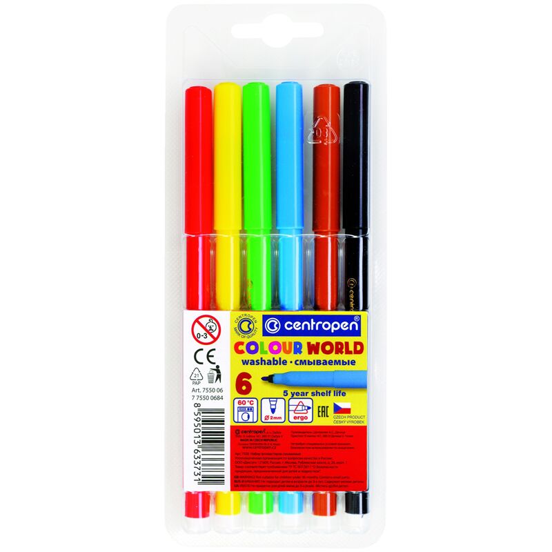 Фломастеры Centropen Colour World, 06цв., трехгранные, смываемые, блистер