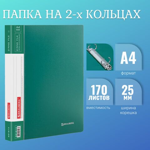 Папка на 2 кольцах BRAUBERG Стандарт, 25 мм, зеленая, до 170 листов, 0,8 мм, 221613