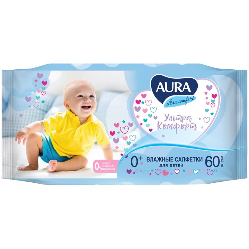 Салфетки влажные Aura Ultra comfort, 60шт., детские, с алоэ