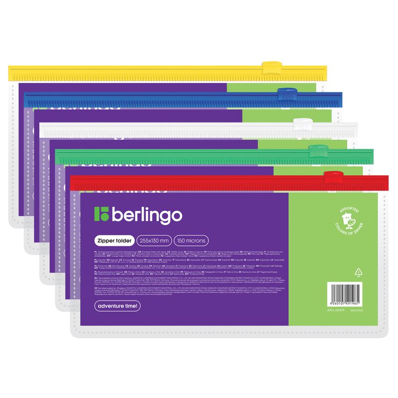 Папка-конверт на молнии Berlingo, 255*130мм, 150мкм, прозрачная, ассорти, для ж/д и авиа билетов